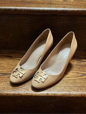 Tory Burch Nude Patent Wedge Pumps with Gold Logo